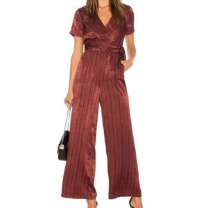 J.O.A Elegant Wide leg V-neck Satin Jumpsuit In Color Red Wine Size Small
